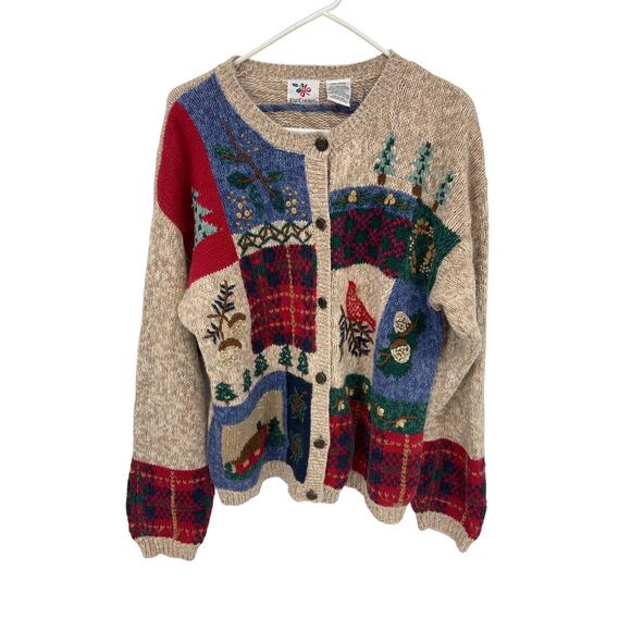 Nut Cracker Winter Cabin Granny core Cotton Blend Cardigan Sweater Size L - Picture 1 of 6